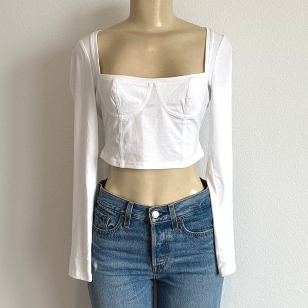 Open Edit‎ White Bustier Crop Top Square Neck Long Sleeve Coquette Regencycore S